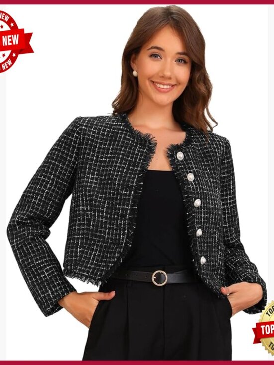 Jackets & Blazers - Cropped Plaid Tweed Jacket, Button Up, Long Sleeve, Work Casual